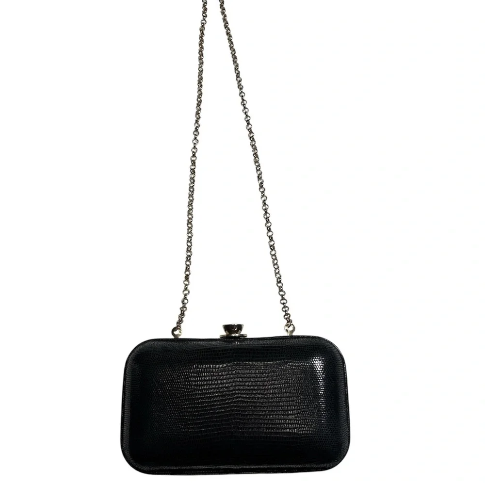 Ann Taylor Black Textured Clutch with gold Chain Strap